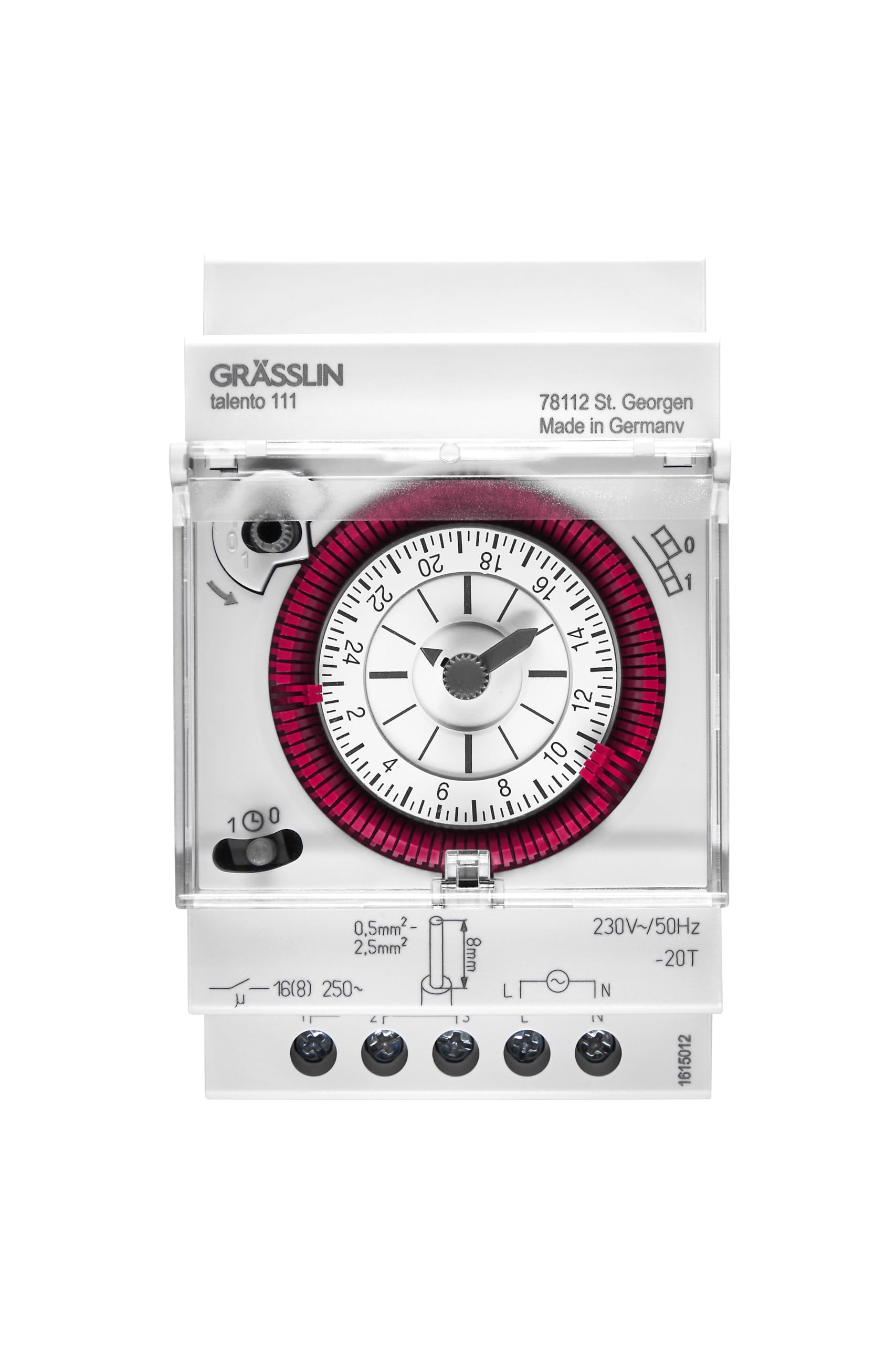 01.28.1001.1 talento 111 SK Horloge analogique Rail DIN 3 modules | Montage rail DIN, mécanique, 1 canal, programme journalier, borne à vis, pas de 15 min, LED 180 W, halogène 1100 W, IP20