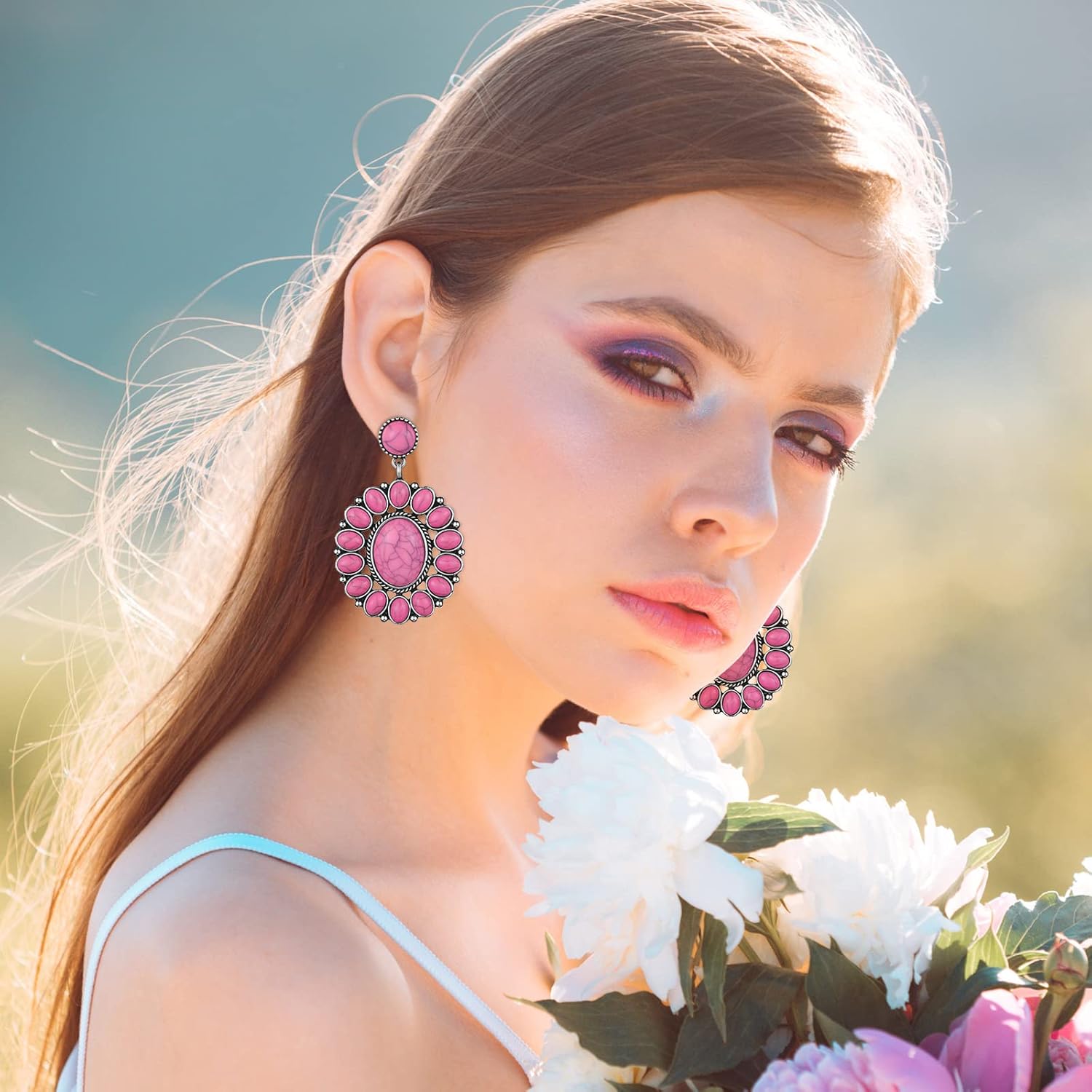 Bonuci 4 Pairs Western Earrings Boho Turquoise Oval Drop Dangle Earrings for Women Vintage Bohemian Drop Dangle Jewelry Aesthetic Statement Western Country Jewelry - Image 6