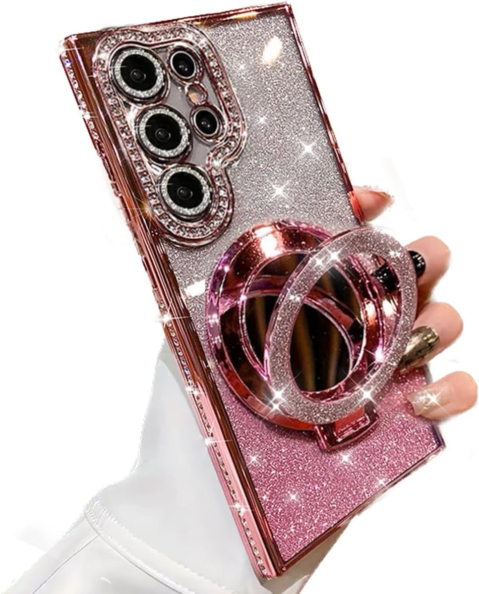 for Samsung Galaxy S25 Ultra Magnetic Kickstand Case, [Compatible with MagSafe] Girl Woman Glitter Makeup Mirror Cute Bling Rhinestones Cover with Camera Protector & Ring Holder Stand, Pink