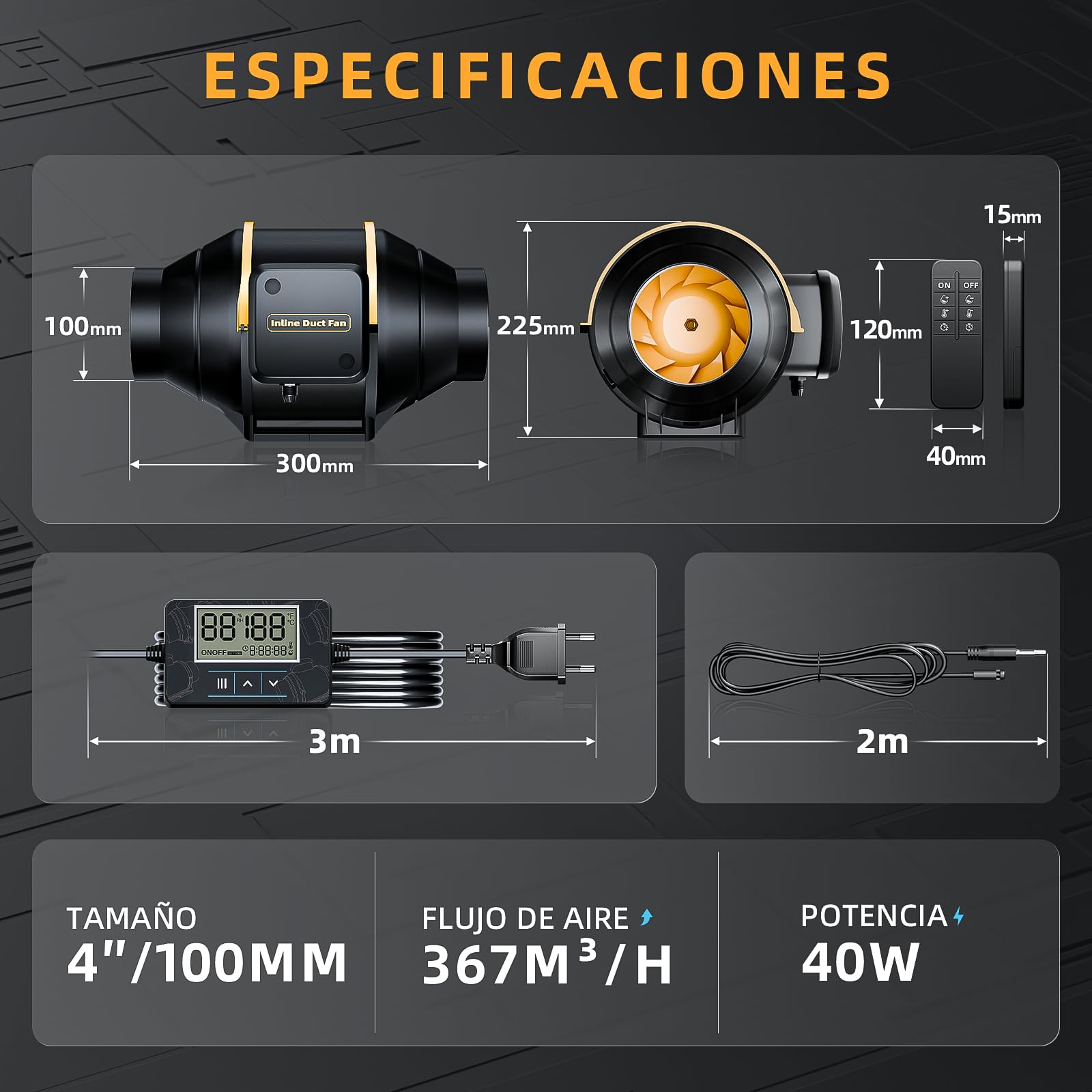 100mm Extractor de Aire con Mando a Distancia,367m³/h Ventilador de Extracción Temporizador Sensor de Temperatura y Humedad, 30dB Motor de Cobre Puro, Protección Térmica,Cable VDE 3m, Negro
