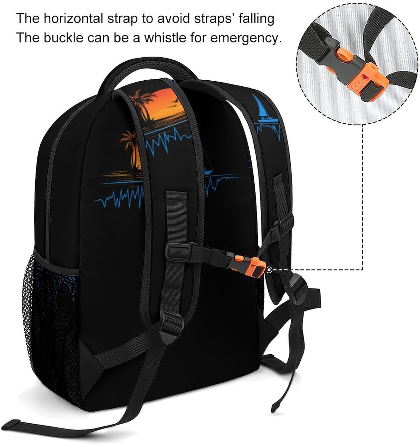 Heartbeat with Sailboat Tropical Palm Trees Laptop Backpack Lightweight Travel Daypack Shoulder Bag for Men Women