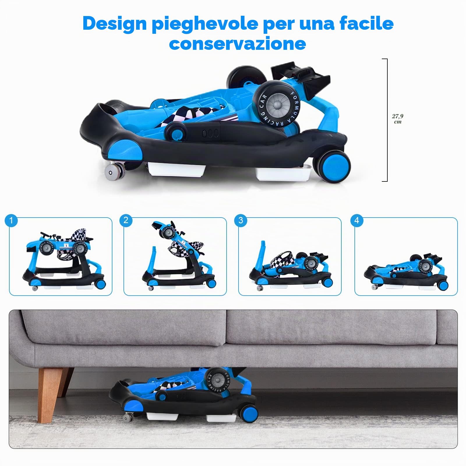 RELAX4LIFE Girello per Bambini 6-18 Mesi, Baby Walker 4 in 1 Trasformabile, Carrello Primi Passi e Macchinina a Spinta con Luci e Suoni, Altezza Regolabile, Pieghevole (BLU)