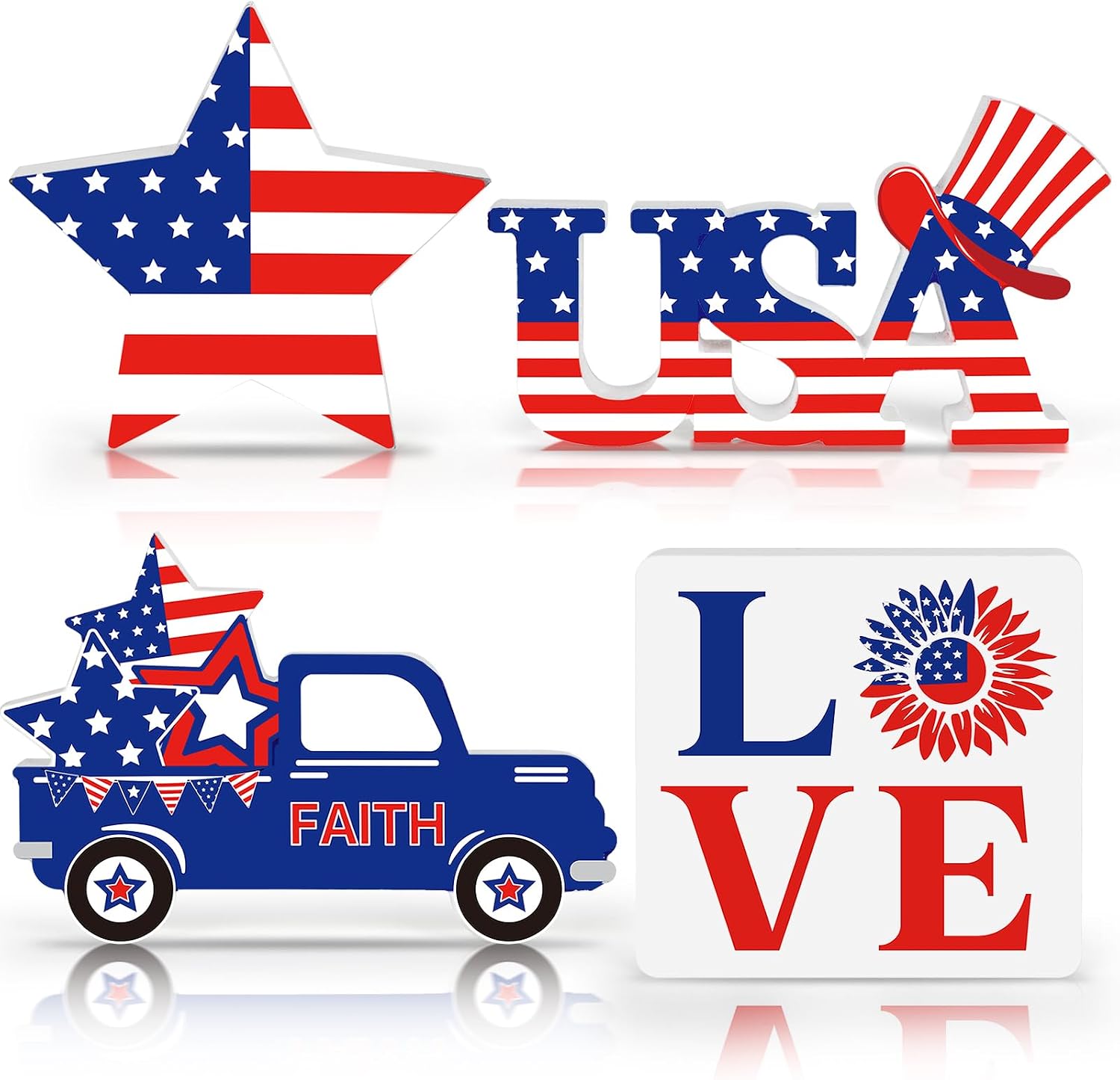4th of July Decorations 4 Pcs Patriotic Decorations USA Independence Day Memorial Day Table Shelf Red White and Blue Fourth of July Wooden Star American Decor for Home Office Labor Day Indoor