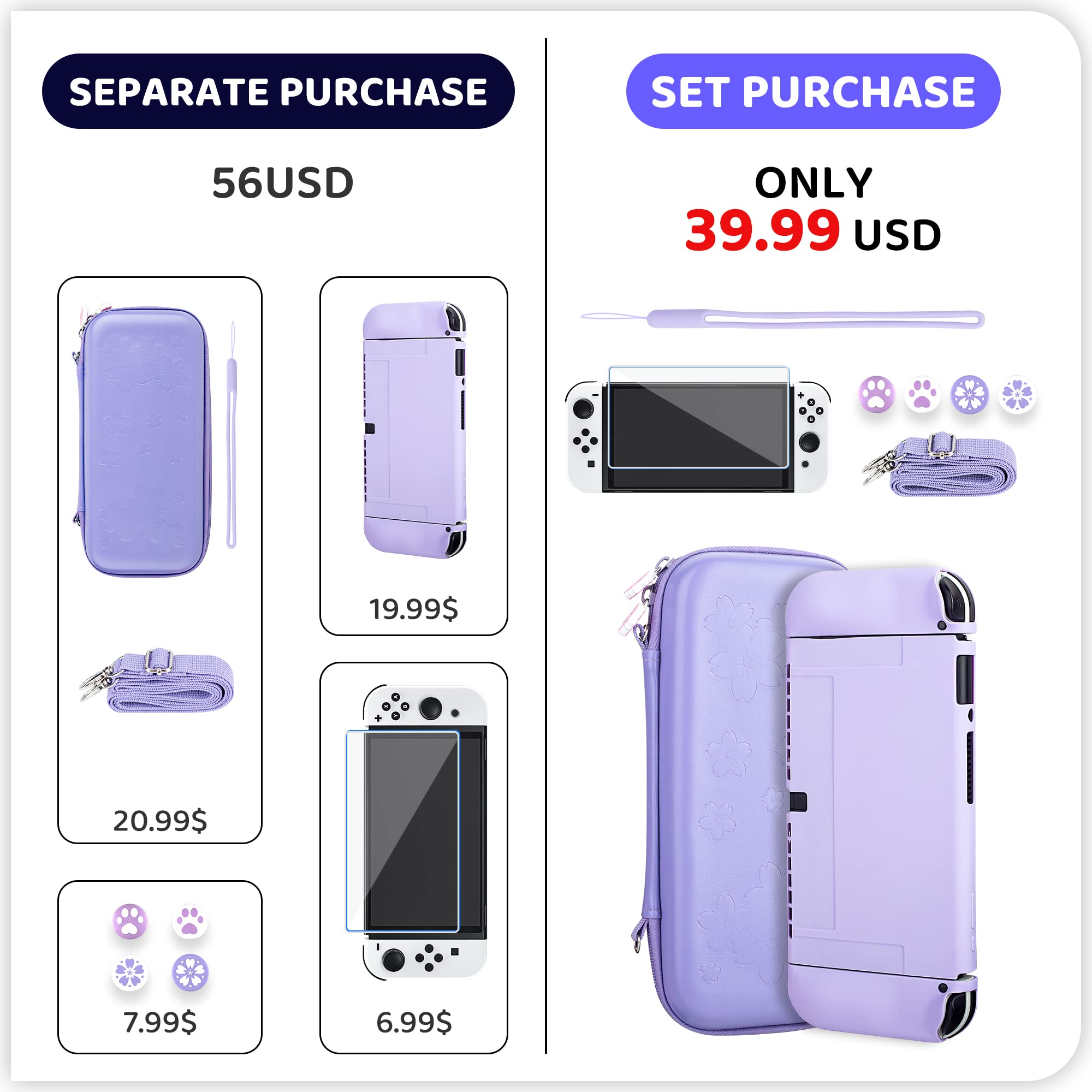 RHOTALL Sakura Étui de transport pour Nintendo Switch OLED avec coque souple, protecteur d'écran, 4 capuchons de pouce, bracelet et bandoulière Violet