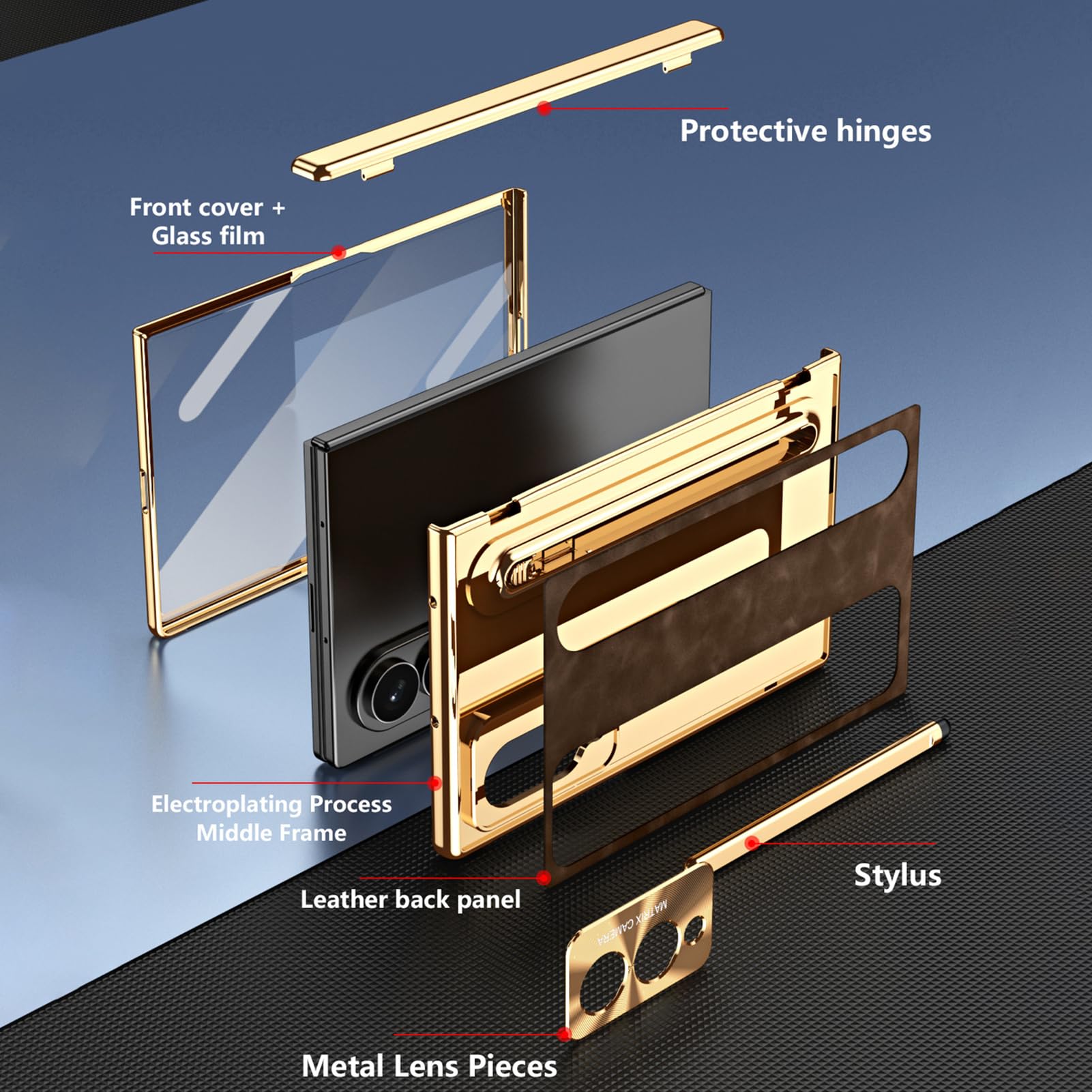 Per Samsung Galaxy Z Fold 8 Custodia Placcata, Stand, Penna, Cerniera | Cover leggera di lusso con stand nascosto e penna. Placcata, anti-macchia, assorbimento urti(Brass)