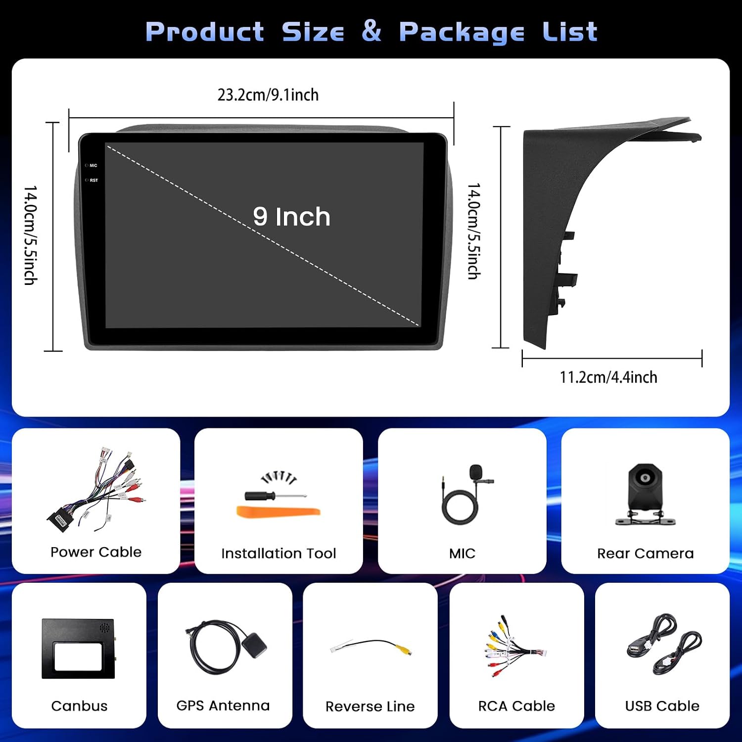 Diagram showing the dimensions of the 9-inch car radio and a list of included accessories: Power Cable, Installation Tool, MIC, Rear Camera, Canbus, GPS Antenna, Reverse Line, RCA Cable, USB Cable.