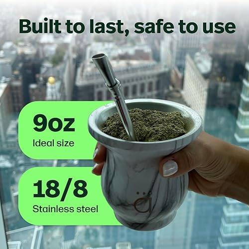 Vista 6 de Kalmateh Modern Yerba Mate Gourd - Doble pared 18/8 de acero inoxidable - Incluye bombilla y un cepillo de limpieza - 9 oz, 9.1 fl oz (mármol)