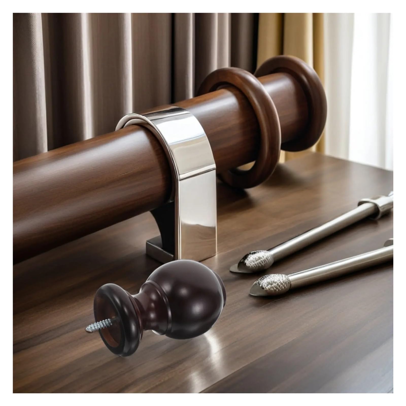 Lot de 4 embouts de tringle à rideaux en bois décoratifs pour tringles à rideaux - Convient pour tringles à rideaux de 29 mm de diamètre - Couleur café élégant