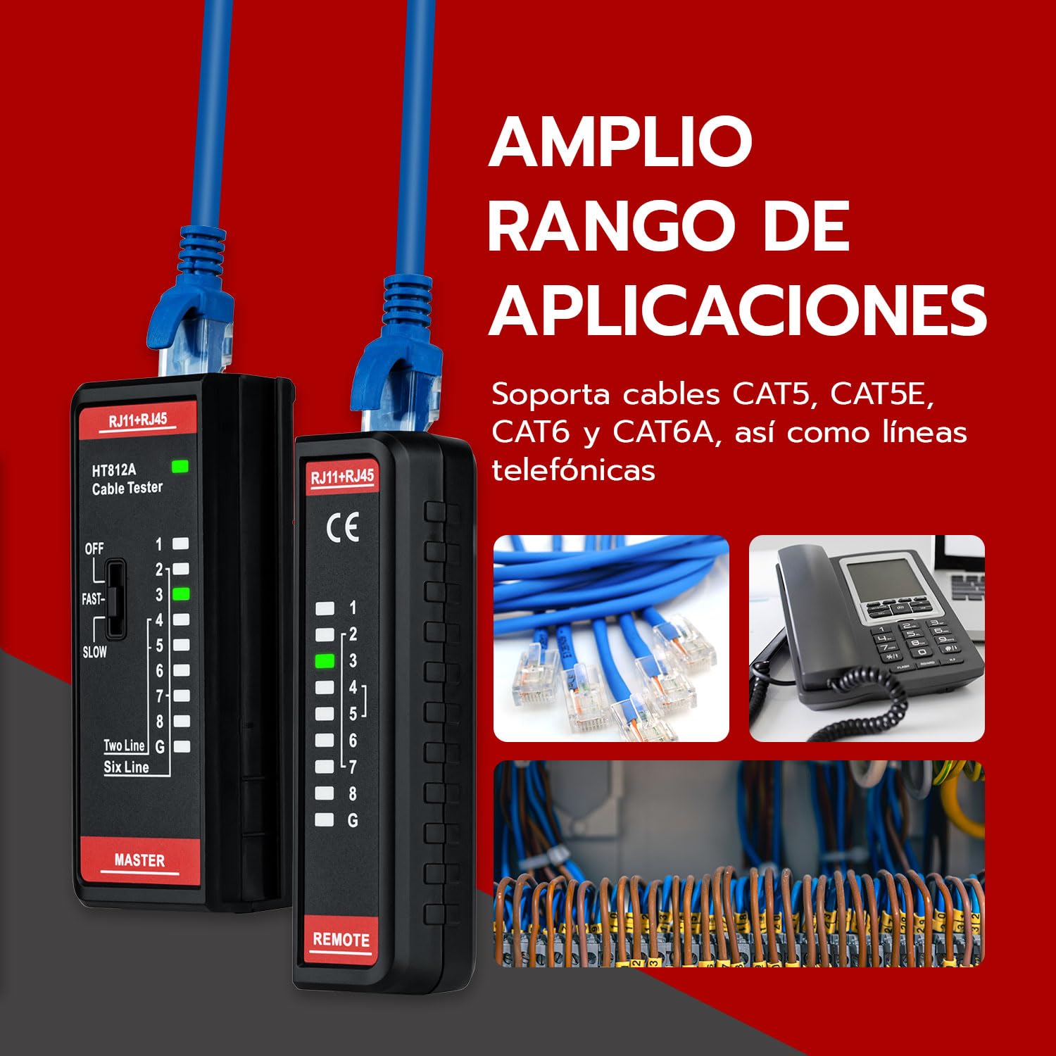 Mcbazel Tester para Cables de Red RJ11 RJ45, Comprobador de Cable de LAN, Comprobador de Cable Telefónico, Cable de Conexión para CAT6A, CAT6, CAT5E, CAT5