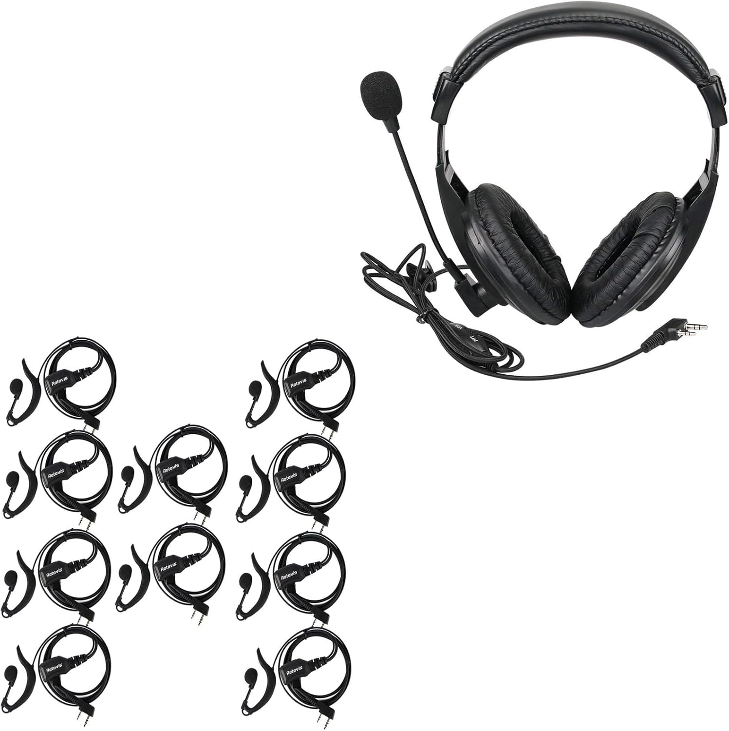 Retevis Walkie Talkie Earpiece with Mic(10 Pack) Bundle with Walkie Talkie Headset with Mic(1 Pack), Volume Adjust, Hearing Protection Earmuffs