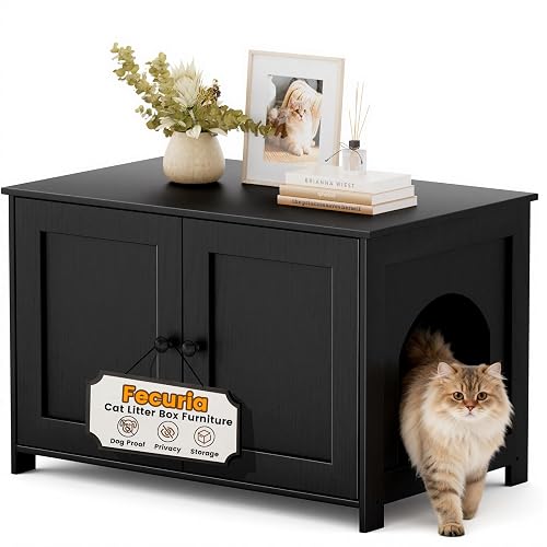Fecuria Cat Litter Box Enclosure Furniture Dog Proof, Hidden Kitty Washroom Cabinet Low Entry, Wooden Cat Boxes Enclosure Odor Control for Home, Farmhouse Style Decorative TV Stand with Storage, Black - Black - Solid