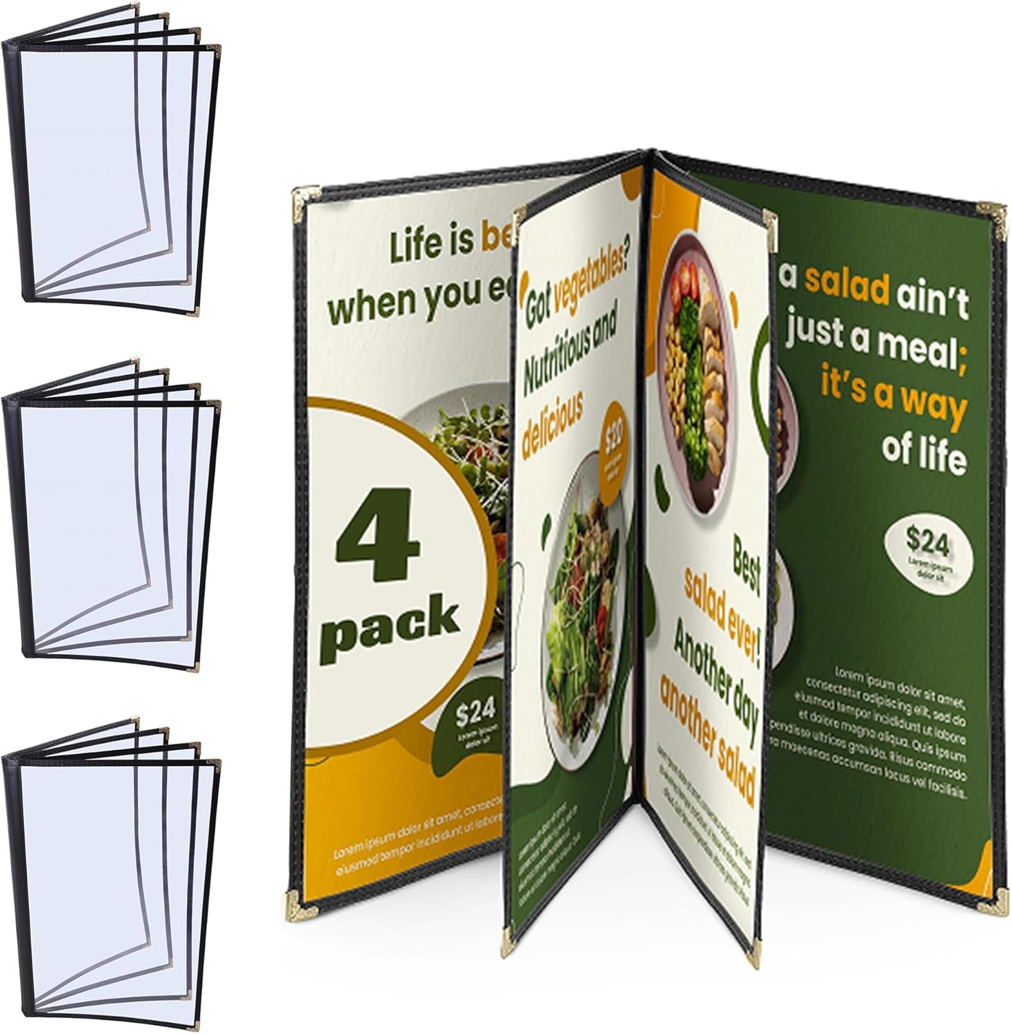 WeChef 4 Pack Restaurant Menu Covers 8.5" x 11" 4 Page 8 View with Metal Corners Book Style PVC Transparent Menu Holders Book for Restaurant Cafe Hotel Bar Black