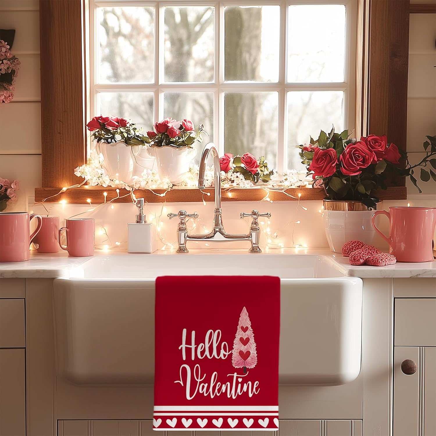 ARKENY Hello Valentines Day Kitchen Towels Set of 2,Red Heart Love Tree Dish Towels 18x26 Inch Drying Dishcloth,Farmhouse Home Daily Seasonal Decoration AD411 - Image 2