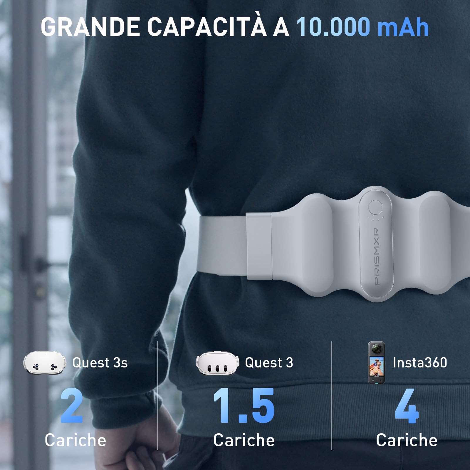 PRISMXR Power Bank portatile compatibile con Quest 3/3S/2, Pico 4, Accessori VR, uscita 30W, ricarica rapida, batteria da tipo C a C da 10.000 mAh (Carina W1, bianco)
