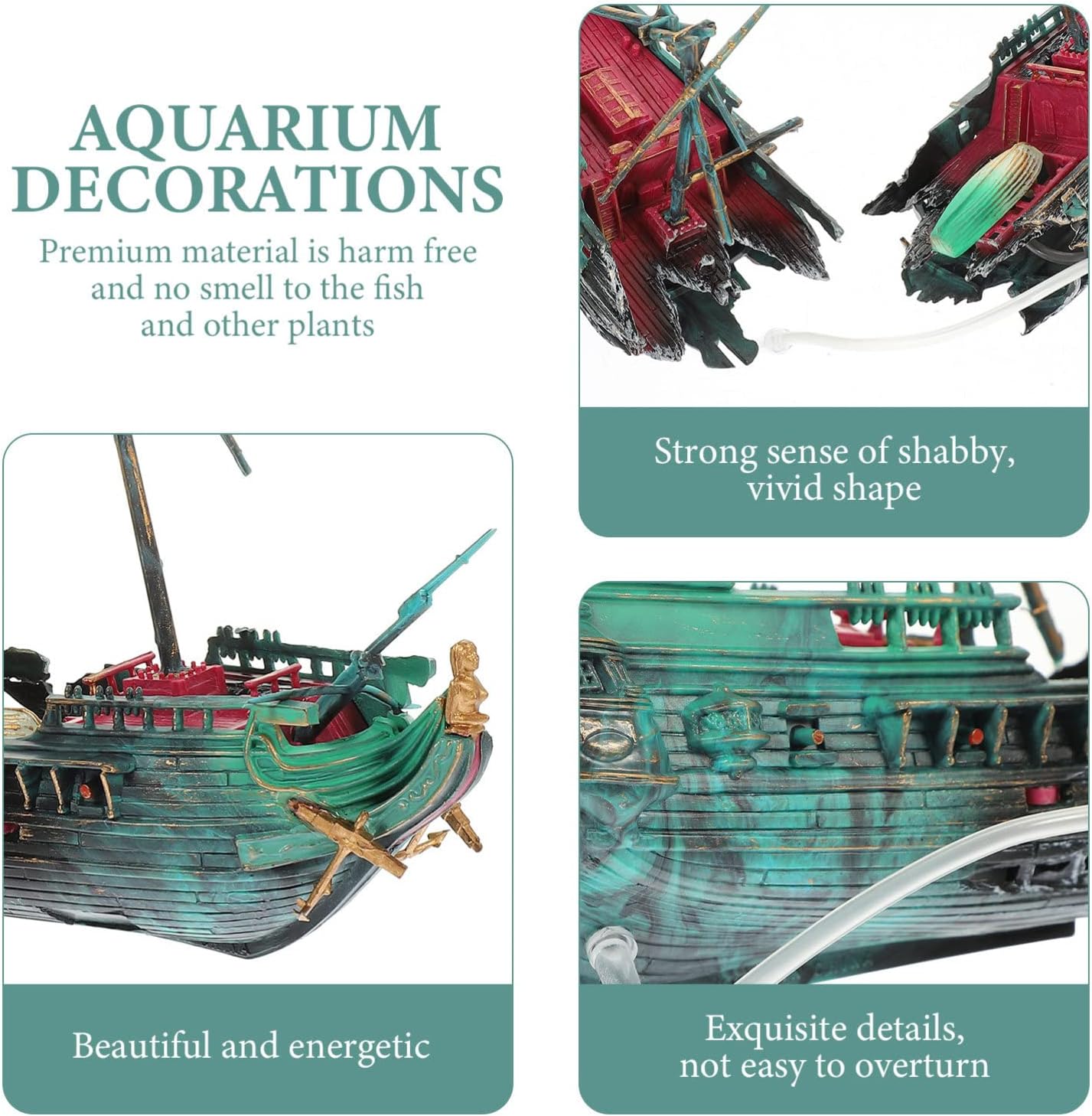 Aquarium Shipwreck Decorations, Resin Shipwreck Ornament Aquarium Decorations Pirate Sunken Hideout Decorations for Betta Fish Tank Decoration Shrimp Ornament Fish Hideout