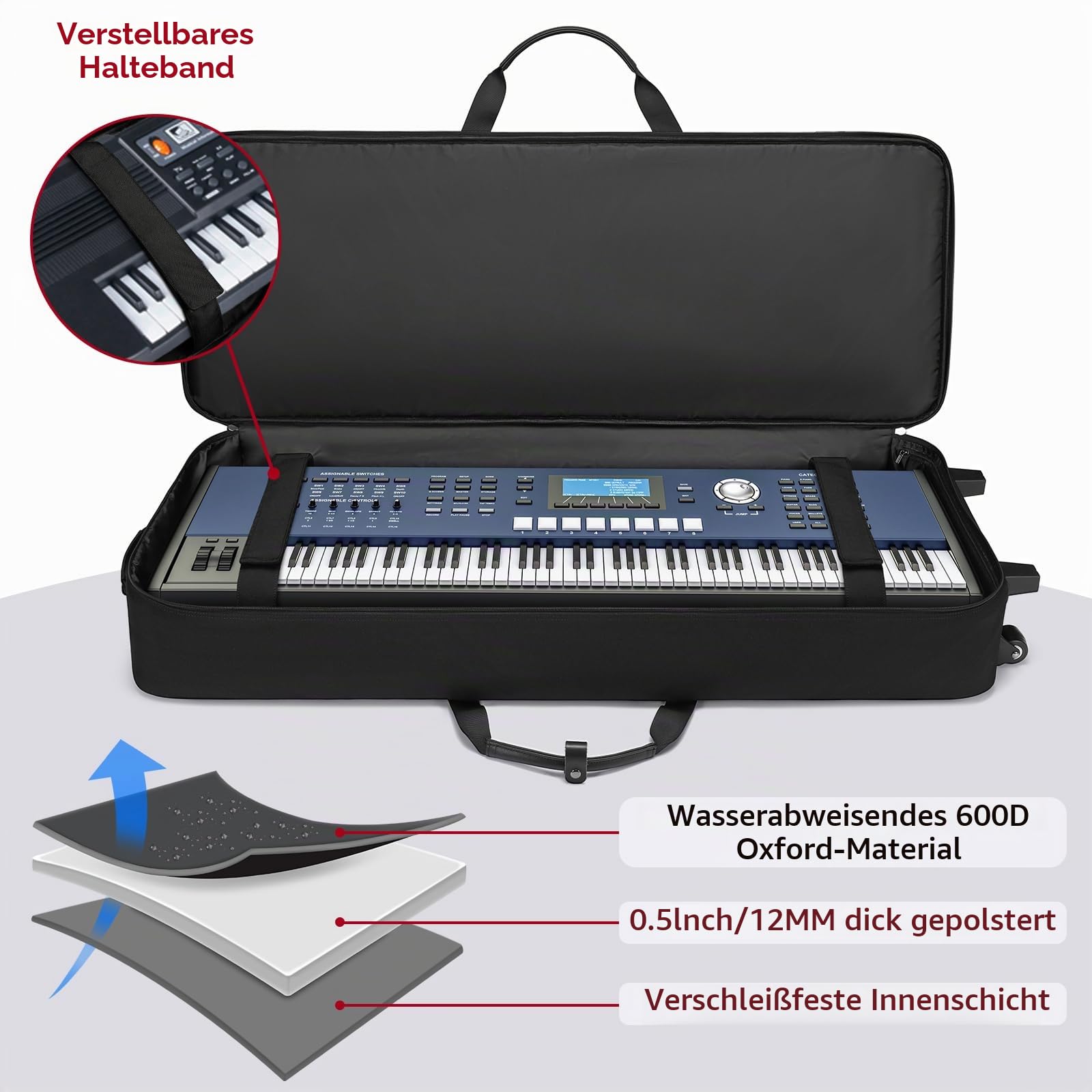 BOSSTIN 61-Tasten-Keyboard-Hülle mit Rollen, interne Größe: 106,7 x 36,8 x 15,2 cm, wasserdicht, gepolstert, Rolling Gigbag, Keyboard, Klaviertasche für 61 Tasten Klaviertastatur