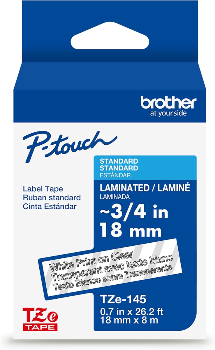 Brother P-Touch TZe impresión blanca sobre cinta de etiquetas transparente (TZe145), laminada, 3/4 pulg. x 26,2 pies (18 mm x 8 m), para rotuladoras P-Touch seleccionadas, duradera, resistente al agua, uso en interiores y exteriores