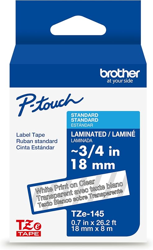 Brother P-Touch TZe impresión blanca sobre cinta de etiquetas transparente (TZe145), laminada, 3/4 pulg. x 26,2 pies (18 mm x 8 m), para rotuladoras P-Touch seleccionadas, duradera, resistente al agua, uso en interiores y exteriores