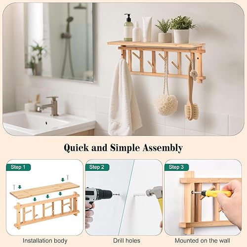 Miniatura 7 de Perchero montado en la pared con ganchos de estante para colgar abrigos con estante de entrada, estantes colgantes con 6 ganchos giratorios para