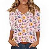 Women's Trendy 2026 Easter Day V-Neck 3/4 Length Sleeve Cute Tops Fashion Funny Bunny Egg Printed Vacation Tee Shirts