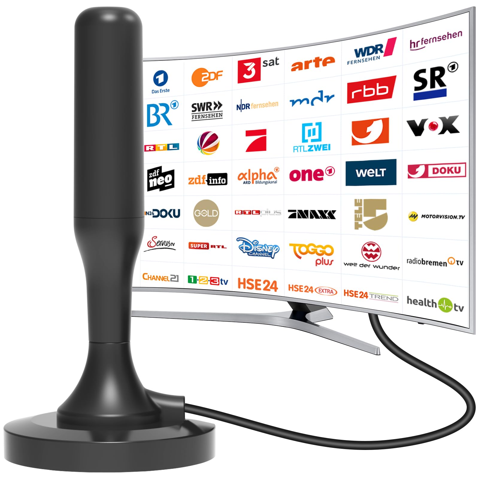 DVBT2 Antenne,Zimmerantenne für Fernseher, dvbt antenne Geeignet für lokale Sender, 360°-Allroundempfang, unterstützt 4K/1080P HD Digitale Kanäle,Mit Magnetfußl (Schwarzer Stab)