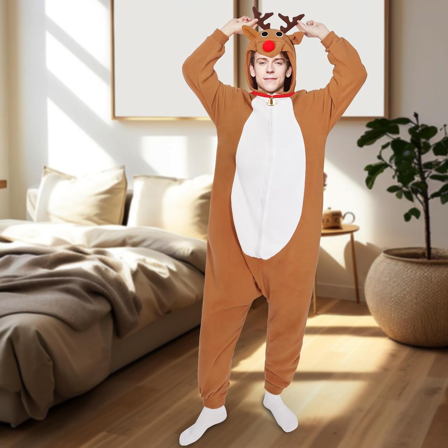 Deer Costume for Adult,Unisex Christmas Reindeer Onesie Pajamas Flannel Animal Jumpsuit for Sleepwear Xmas Dess Up
