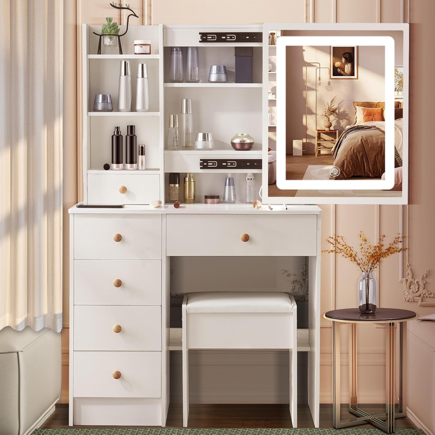 Vanity Desk with Mirror with Lights, Makeup Vanity with LED Ligted Mirror, Vanity Table Set with 5 Drawers and Stool, Shelves, Vanity Makeup Table with Mirror for Bedroom, White