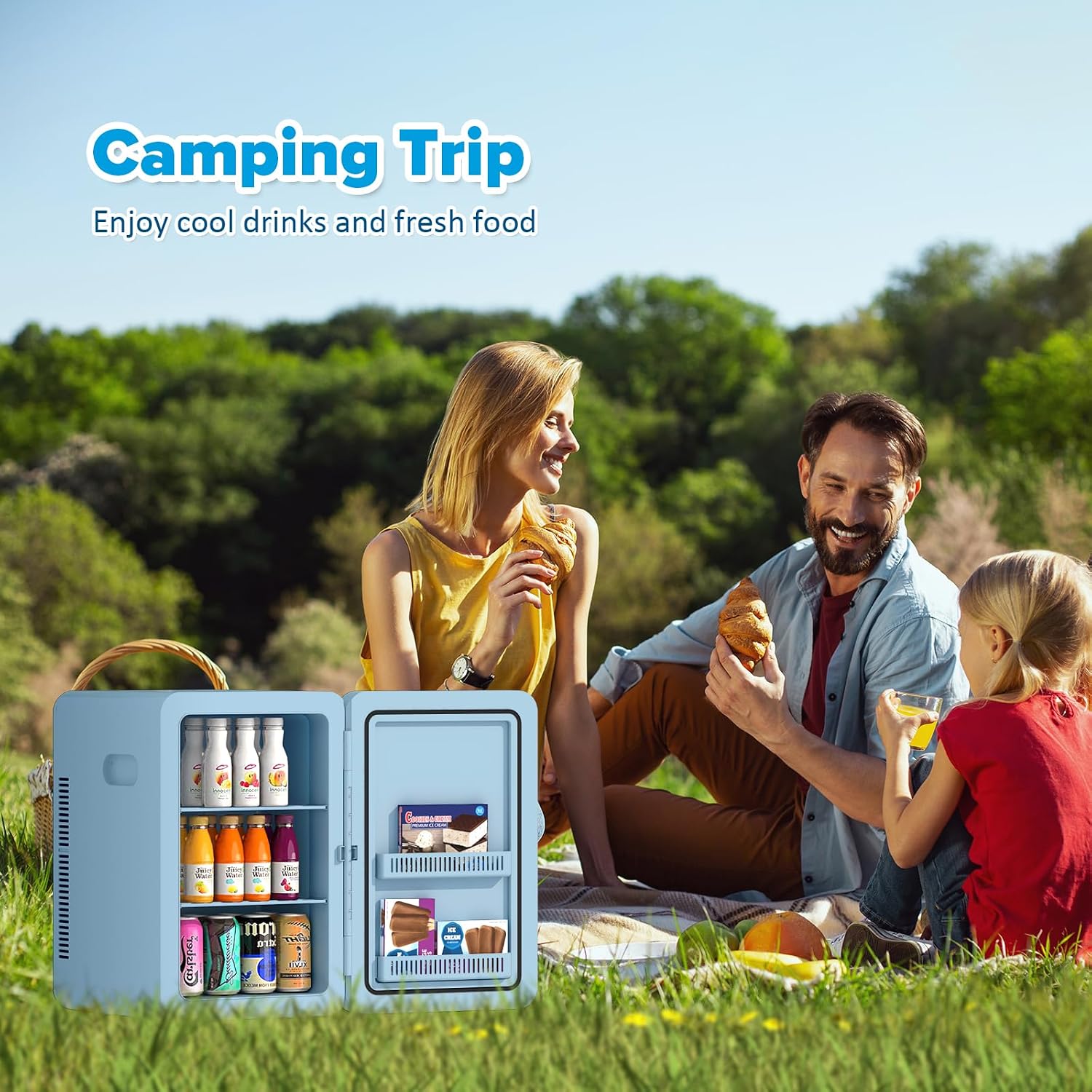 Kikihuose 22L/30Cans Mini Fridge for Bedroom, 12v DC Portable Cooler & Warmer, Mini Refrigerator with Glass Front, for Car Office Desk & Dorm Room Food Beverage Skincare Beauty & Makeup (Blue)
