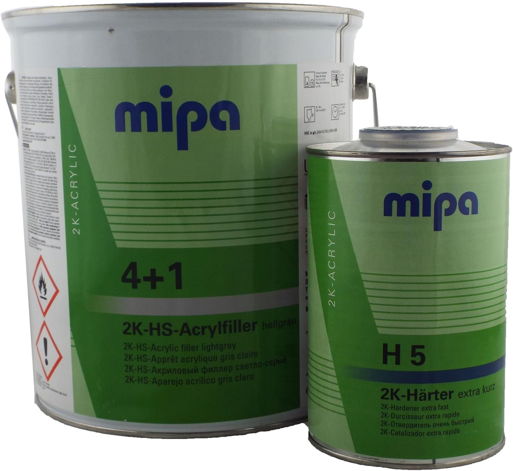 Mipa 2K HS Primer 4 Litre Light Grey With H5 2K Extra Fast Hardener 1 Litre Quailty Filling Properties Very Easy To Sand Suitable To Fill Partial Areas