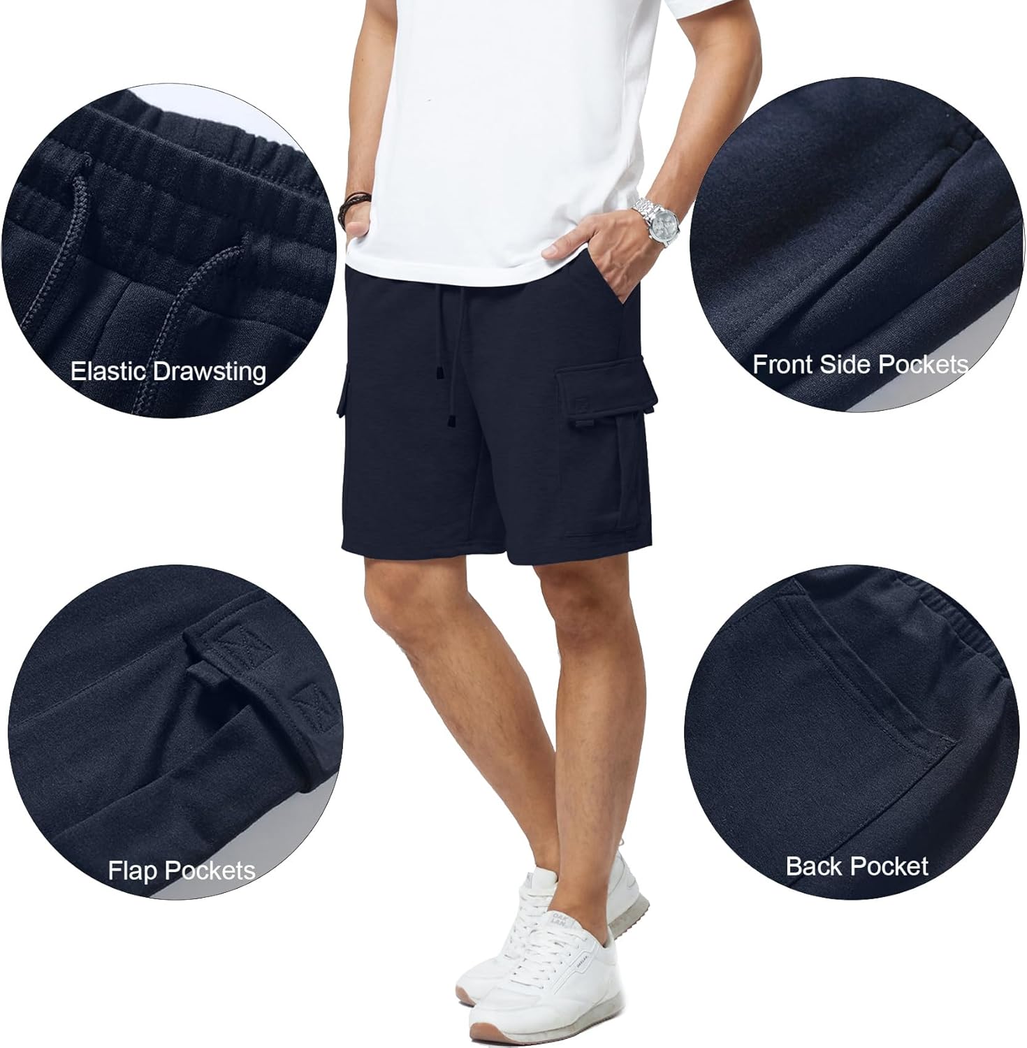 Mens Casual Sweat Cargo Cotton Shorts Drawstring Elastic Waist Athletic Workout Gym Jogger Shorts with 5 Pockets - Image 5