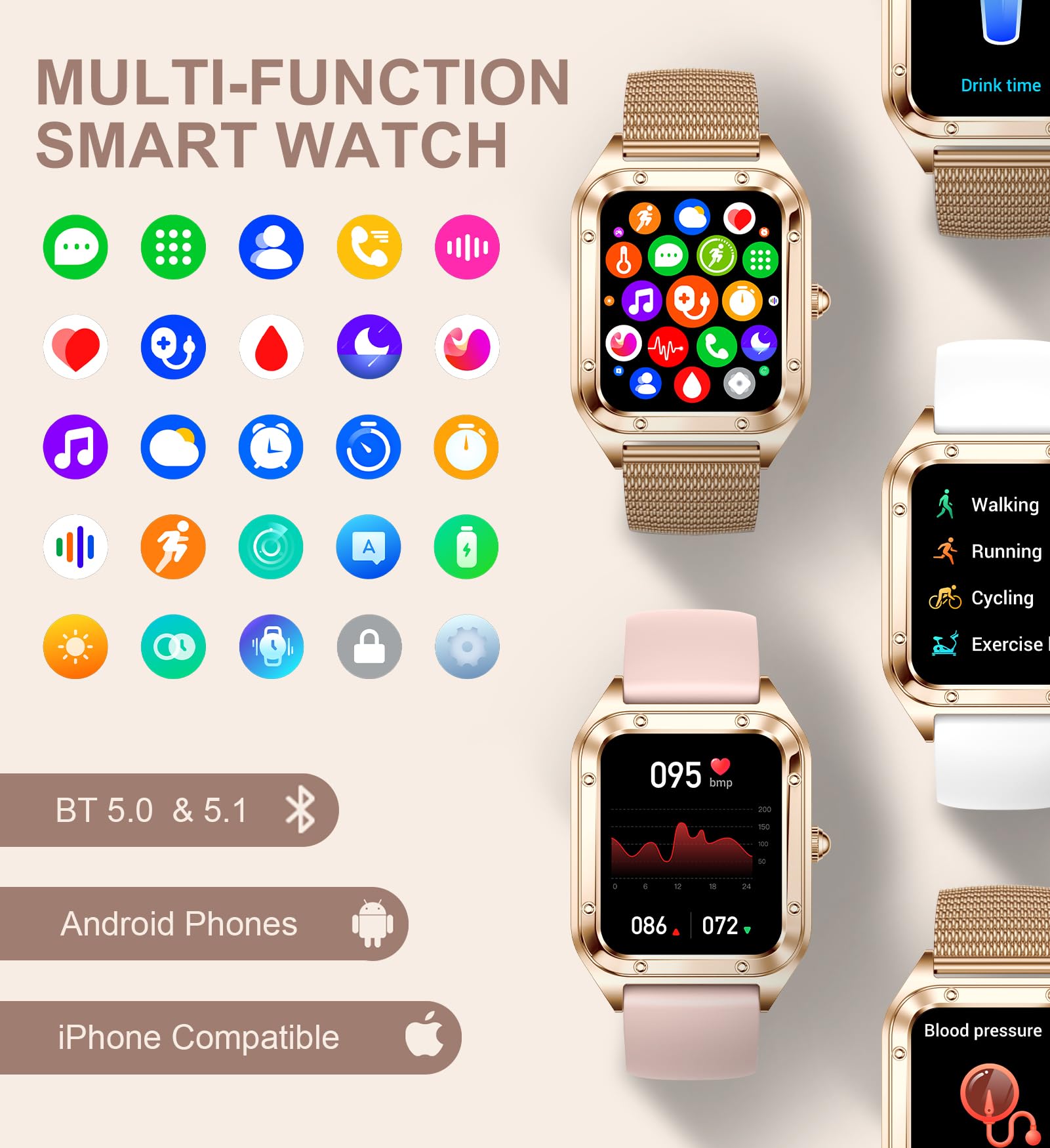 IARET Smartwatch Donna Con Chiamate Bluetooth, 1.59 Pollici, Cristalli, Frequenza Cardiaca, SpO2, 2 Cinturini (Milanese E Silicone)