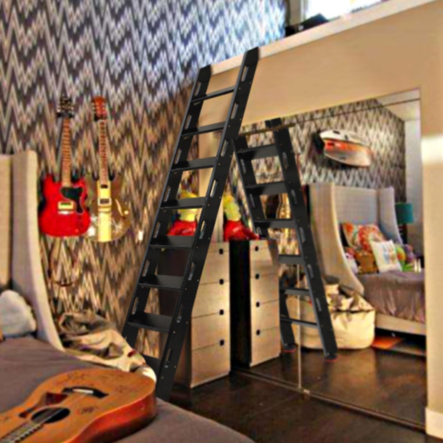 Raised Bunkbeds Ladder - 4inch Extra Wide Steps,Wooden Overhead Bed Ladders with Hooks & Corner Braces,Attic/Treehouses Ladder,7.2 6.3 5.4 4.5 3.6 ft (Color:Black,Size:219.
