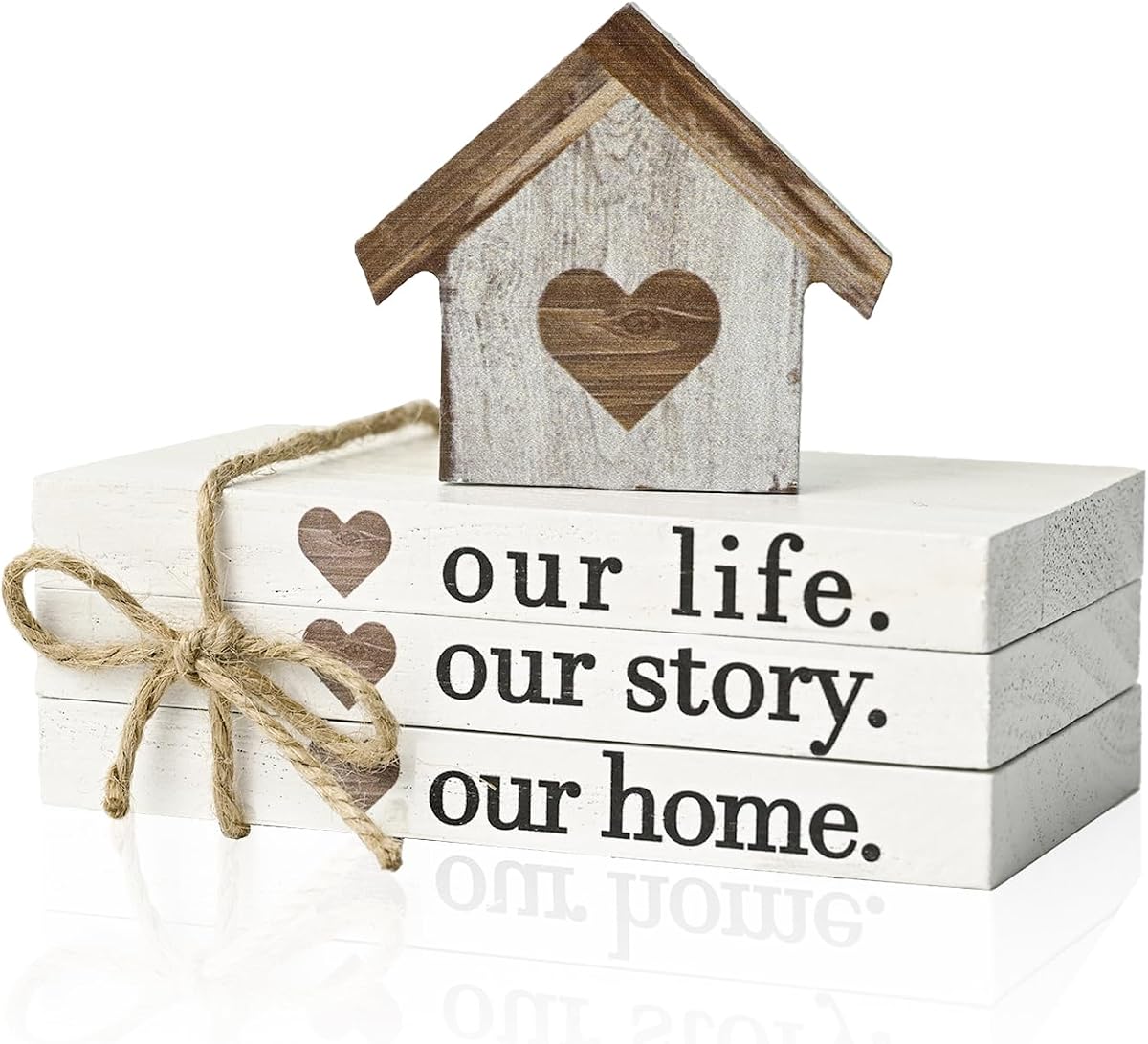Smile Farmhouse Wooden Tabletop Decor Our Home Our Story Our Famliy Table Centerpiece, Block Sign Tiered Tray Decoration for Kitchen Shelves Desk Mantel