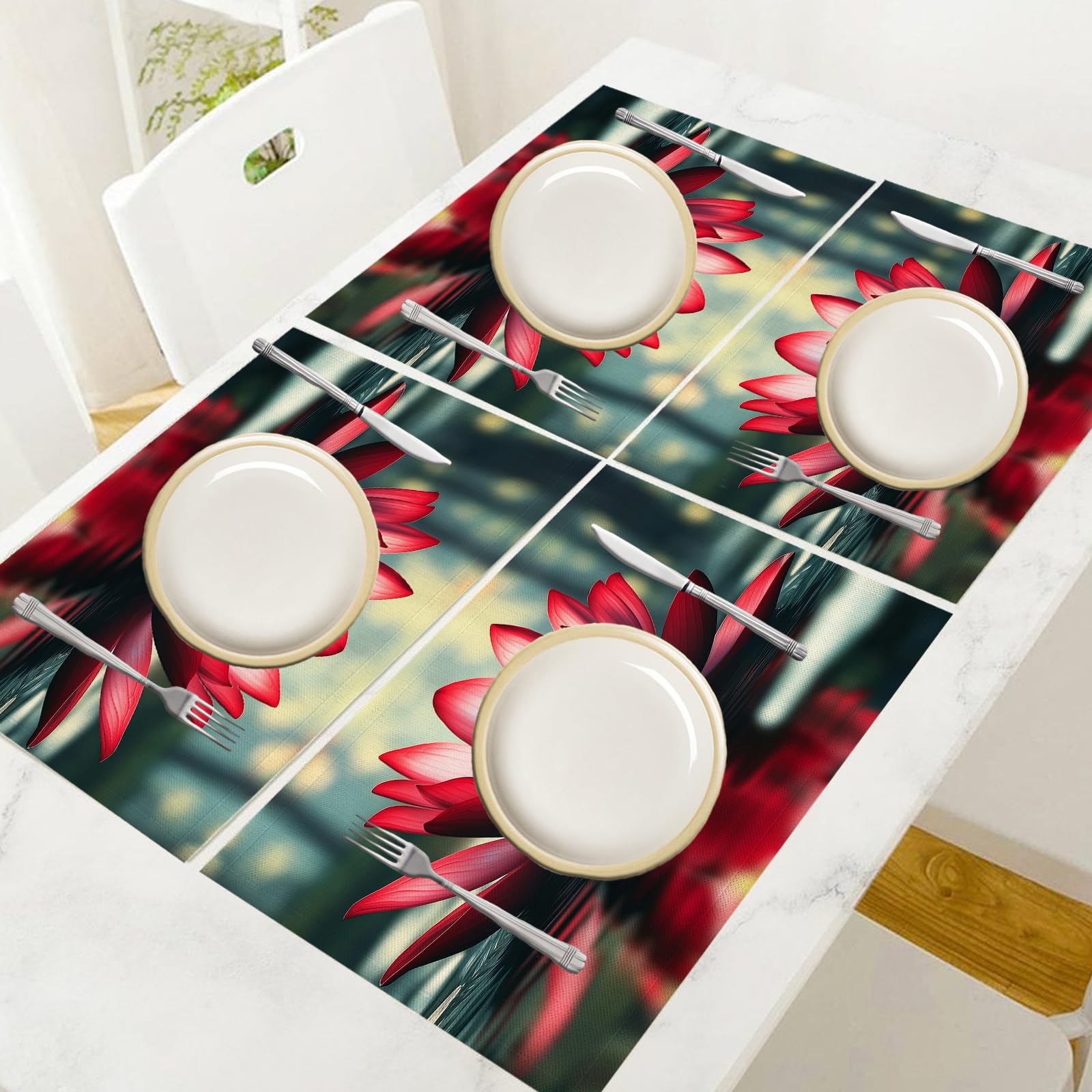 Set di 8 Tovagliette Americane Lavabili Cotone Lino Paesaggio - Tovaglietta Americana Resistenti al Calore Durevole Loto rosso - per Colazione Pranzo 30×45 cm