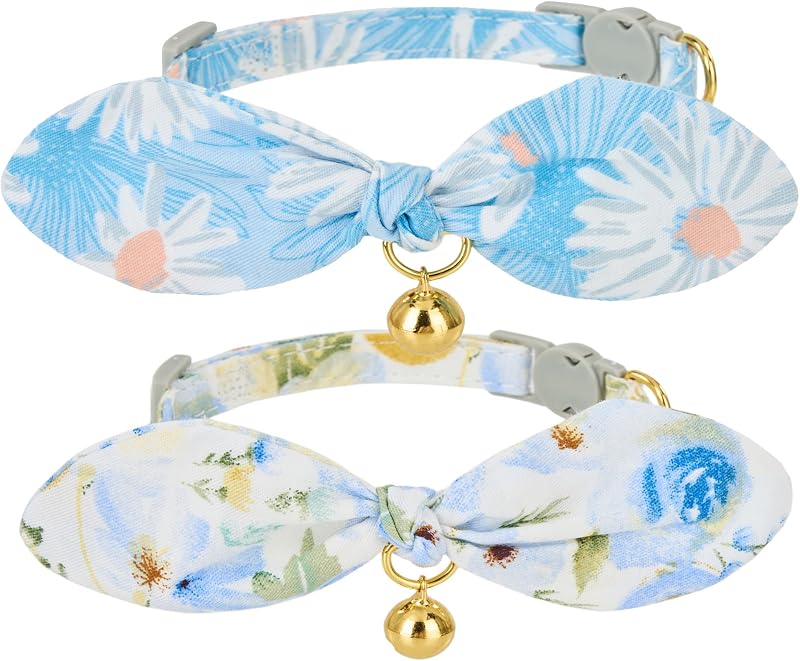 Coleira para Gatos com Fivela de Segurança, Laço de Coelhinho e Guizo, Estampa Floral Azul Petiry, Pacote com 2