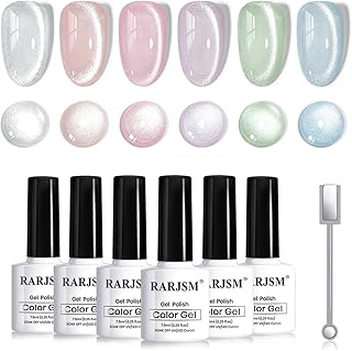 RARJSM Sparkle Diamond Cat Eye Gel Nail Polish Set 6 Colors Nude Pink Milky Jelly Purple Green Blue Silver Glitter Cateye Gel Polish with Magnet Stick UV LED Curing Requires Soak Off Home Salon Diy