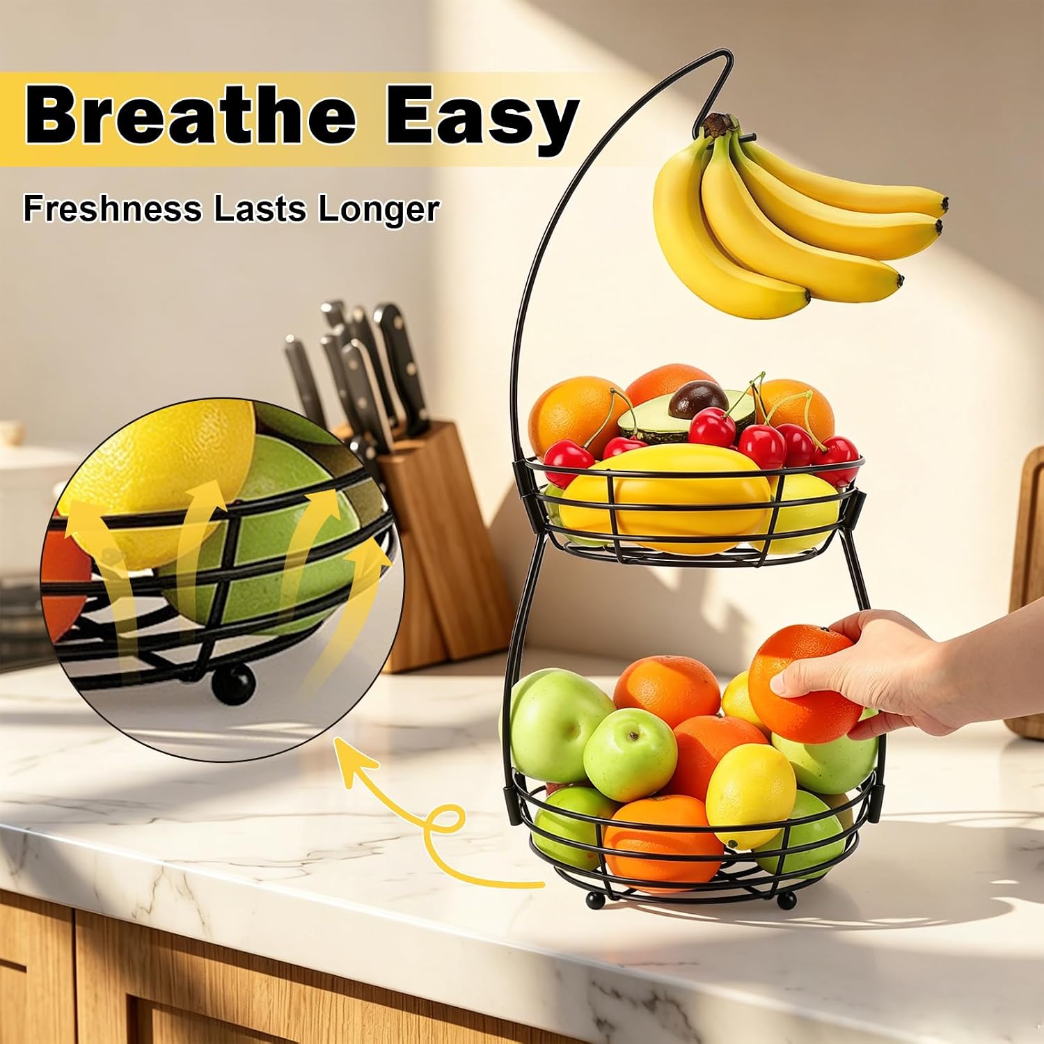 2 Tier Fruit Bowl, Stackable Fruit Basket-Vegetable Holder, Large Capacity Thick Metal Wire Basket with Banana Hanger, Kitchen Countertop Fruit Veggies Storage, Black