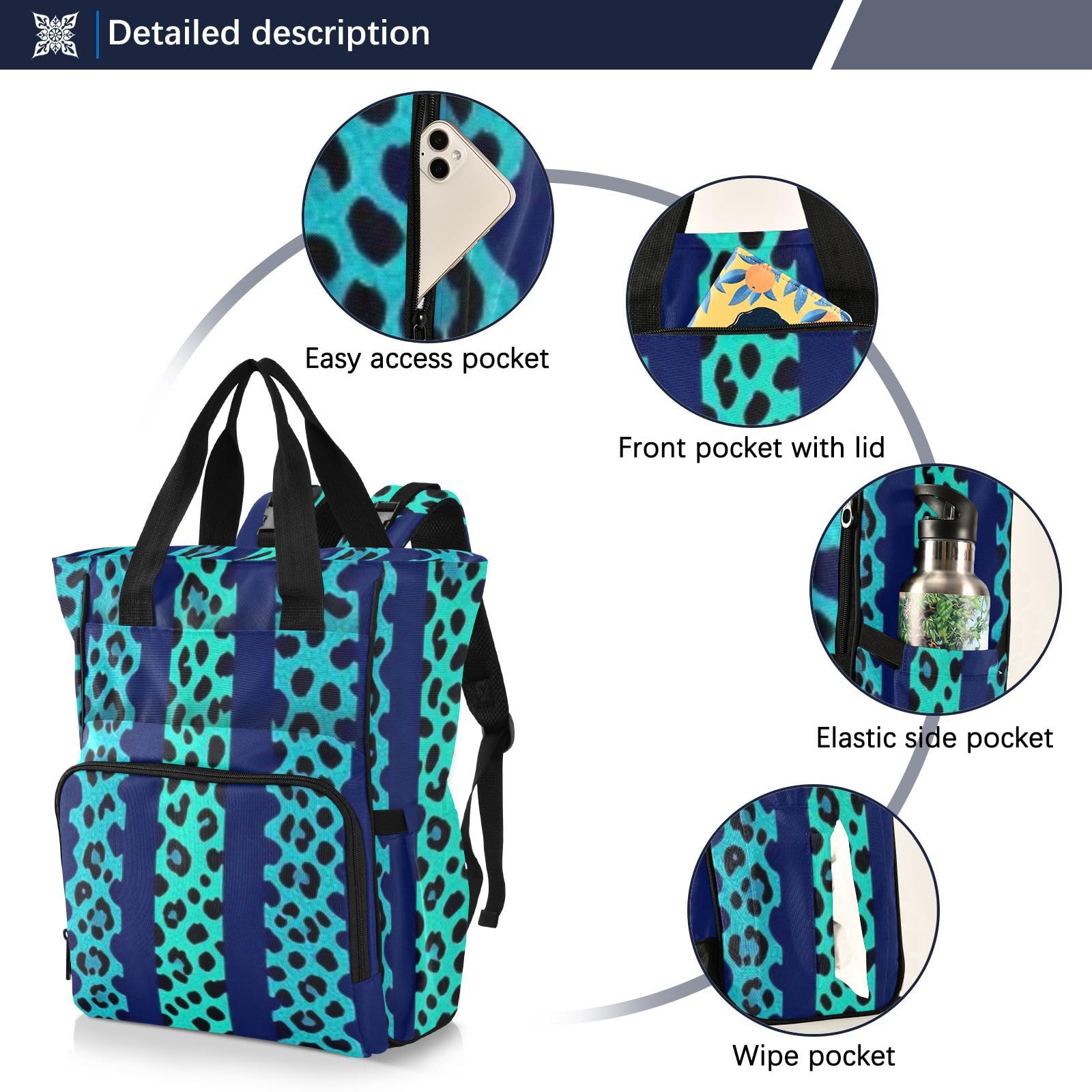 Borsa per pannolini zaino da donna Neon Teal Blue Leopard Print