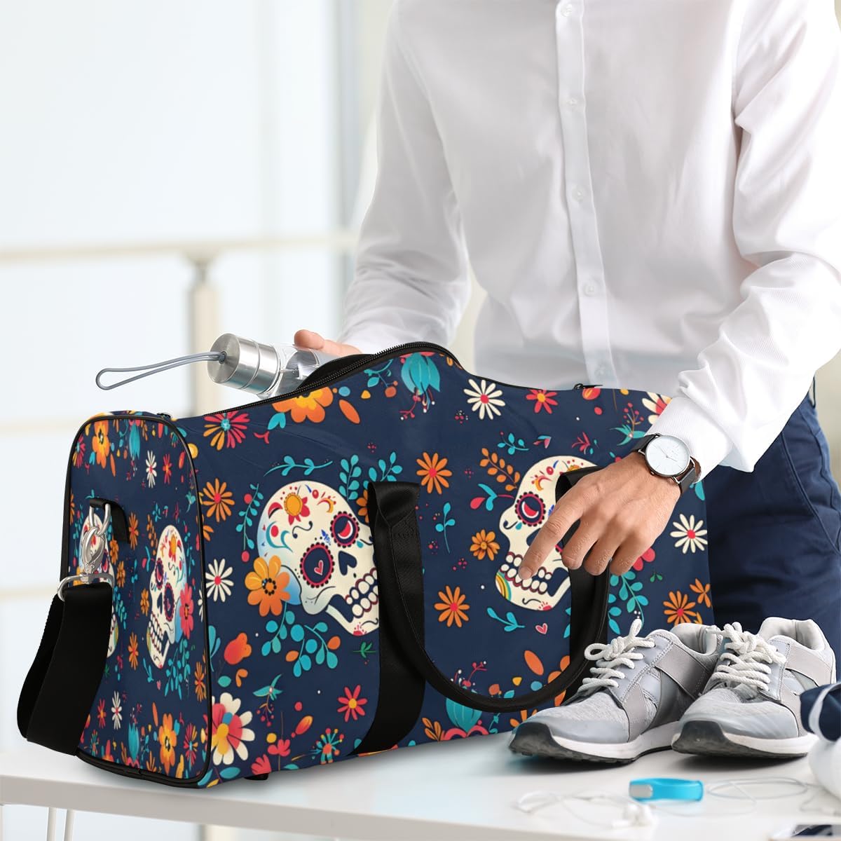Travel Duffel Bag Colorful Mexican Skull Flower Sport Tote Gym Bag Waterproof Foldable Carryon Weekend Overnight Training Handbag Sports Duffle Bags for Women Men Boys Girls