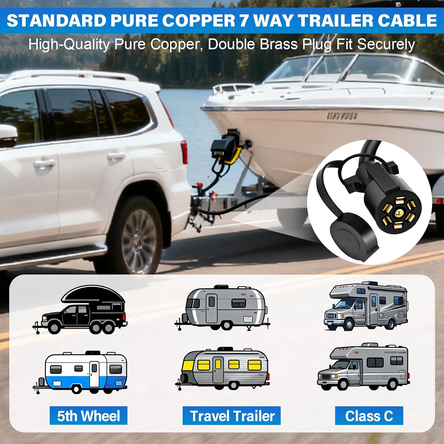 20 Ft Heavy Duty 7 Way Trailer Cord Pure Copper 7 Way Trailer Plug Inline Cord 240" 7 Pin Trailer Wiring Harness Double Blade Molded 7 Pin Round Plug for Rvs Camper