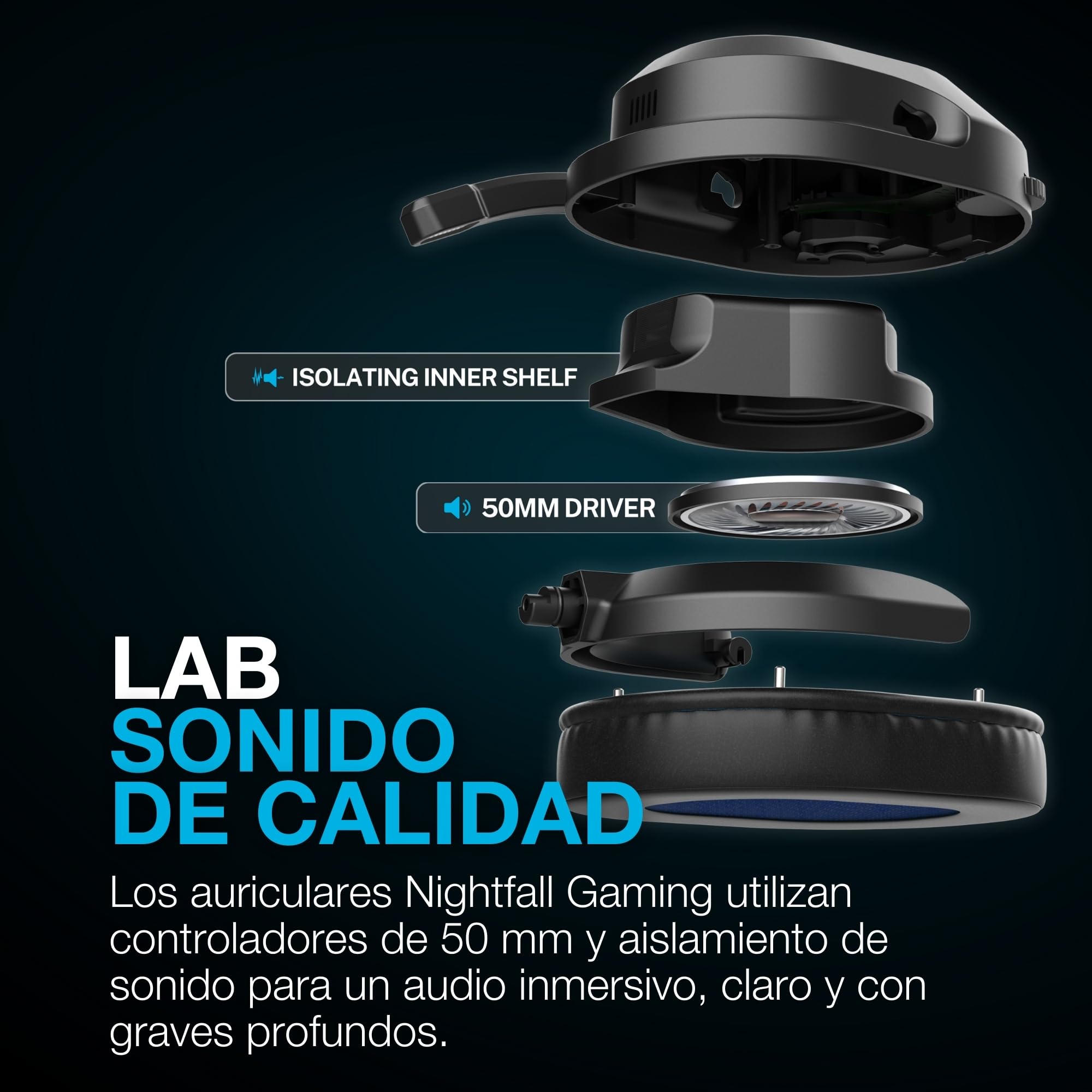 JLab Nightfall Auriculares Gaming Inalámbricos Over-Ear - Auriculares Gaming con Micrófono para PC/PlayStation/Nintendo Switch - Controlador de 50mm, Almohadillas de Espuma Cloud