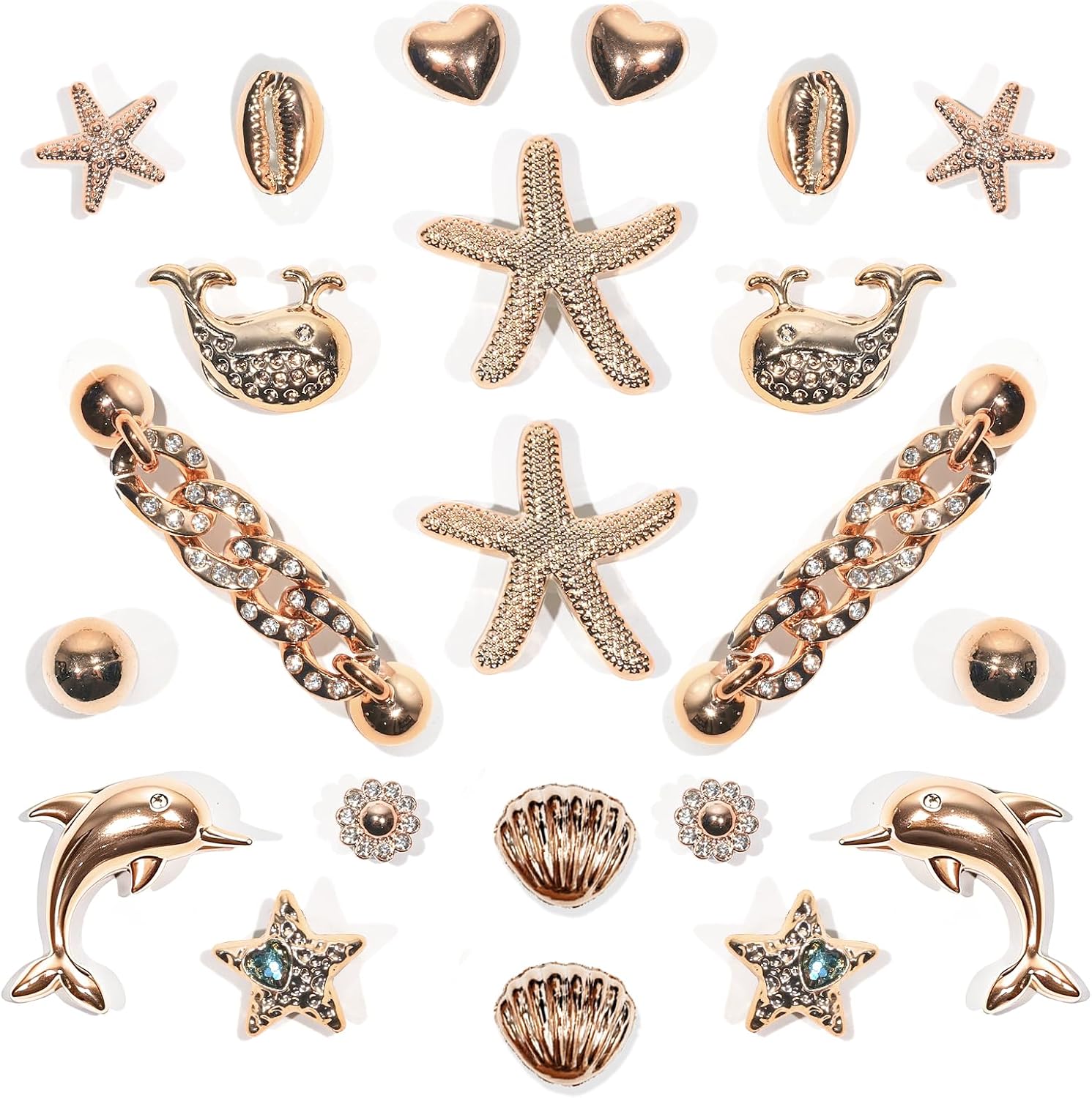 22 Pcs Bling Shoe Charms Gold Dolphin Starfish Whale Ocean Shoe Accessories Bling Gold Shoe Chain for Women Luxury Jewelry Clog Shoe Decoration Charms for Party Favor Birthday Present