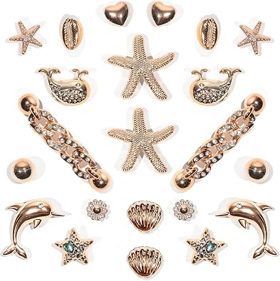 22 Pcs Bling Shoe Charms Gold Dolphin Starfish Whale Ocean Shoe Accessories Bling Gold Shoe Chain for Women Luxury Jewelry Clog Shoe Decoration Charms for Party Favor Birthday Present
