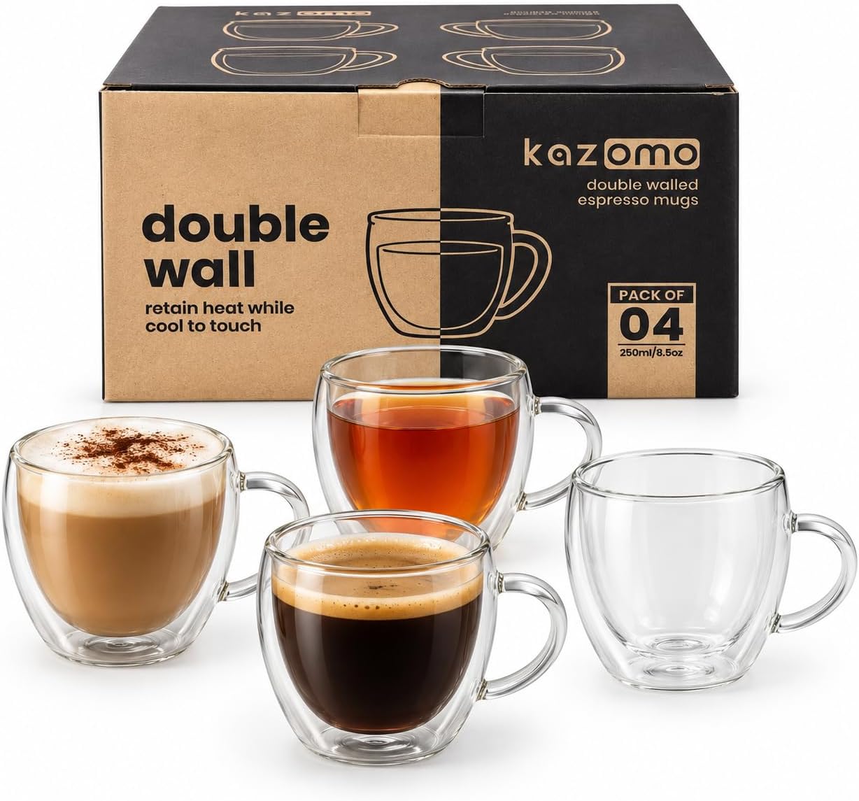Double Walled Glass Coffee Mugs Set of 4, 8.5 OZ Clear Glass Insulated Mugs with Handle for Cappuccino, Tea, Latte, Cups, Beverage Glasses Heat Resistant