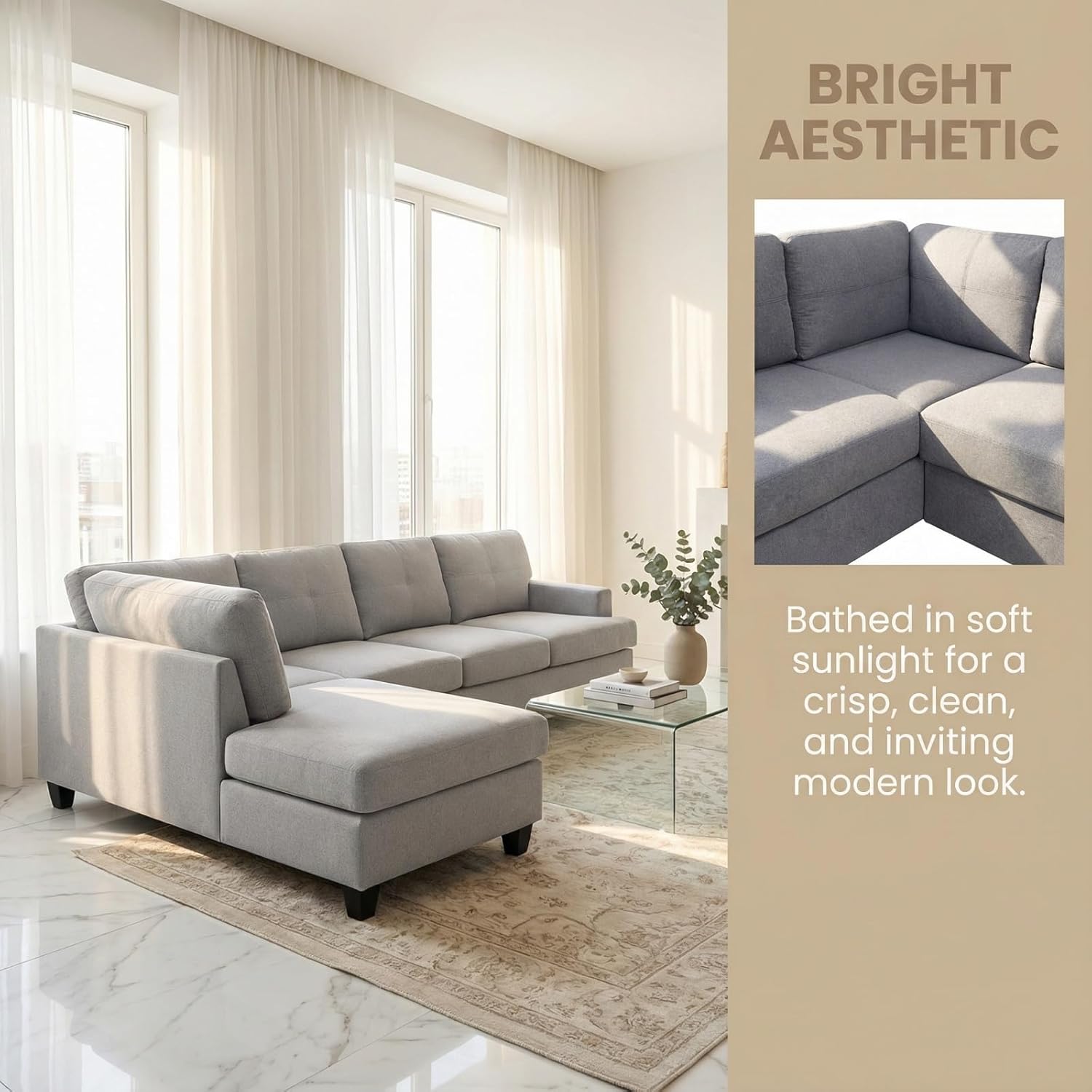 L-Shape Breathable Fabric Sectional Couch, 2-Piece Sofa Set for Living Room, Modern Linen-Style Upholstered Couch Set with Solid Wood Frame and Comfortable Spring Support, Light Grey