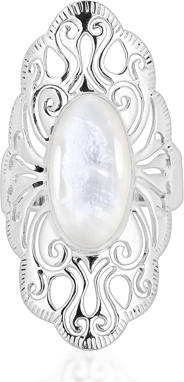AeraVida Vintage Filigree Swirl Beauty Oval Mother of Pearl .925 Sterling Silver Ring | Mother of Pearl Ring for Women | Adjustable Silver Oval Band Ring | Sterling Silver Ring for Women