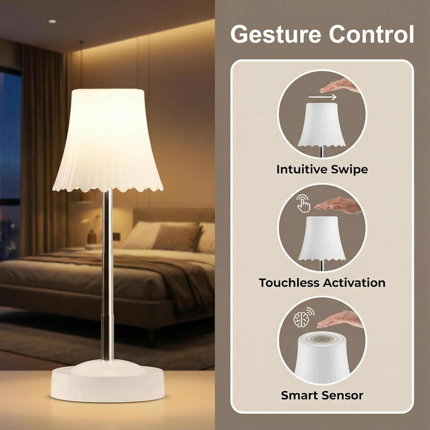 Light with Hand Wave,Gesture Control Rechargeable Table Lamp Cordless,Height Adjustable,7 RGB Modes & 3 Color Dynamic Modes,Motion Sensor Lamp for Bedroom Livingroom (White)