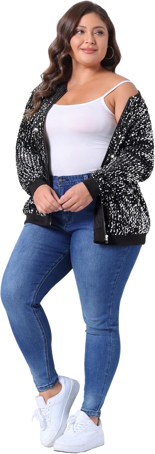 Agnes Orinda Plus Size Sequin Jackets for Women Sparkle Long Sleeve Front Zip Bomber Jacket with Pockets 3X Silver - Image 3
