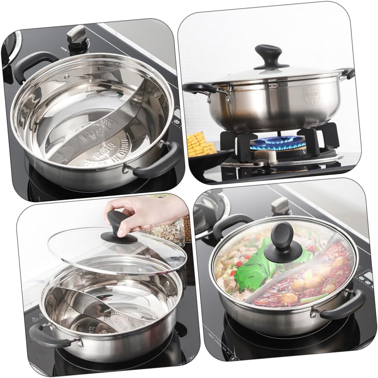 VOSAREA 1pc Two Sided Pot Electric Gas Induction Cookware Stainless Steel Hot Pot Handles Kitchen Supply