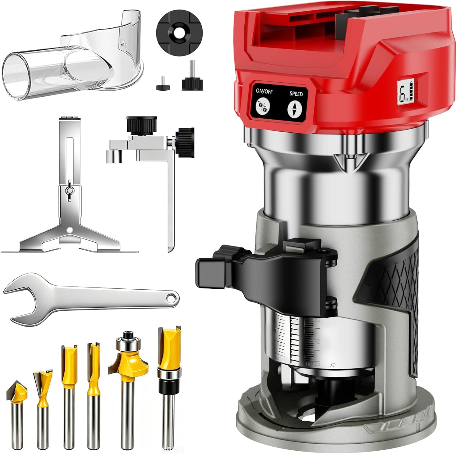 Cordless Compact Router Compatible with Dewalt 20V Battery(Bare Tool) | Compact Palm Router with 6 Variable Speed Control, 1/4" Collet, 6 Router Bits, Edge Guide & LED Display for Woodworking